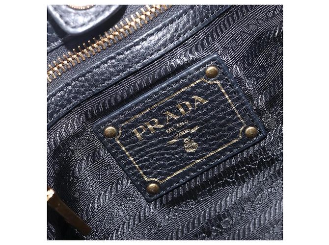PRADA Vitellolux Hand Bag Leather Black Gold Auth 204100V Golden - view 20