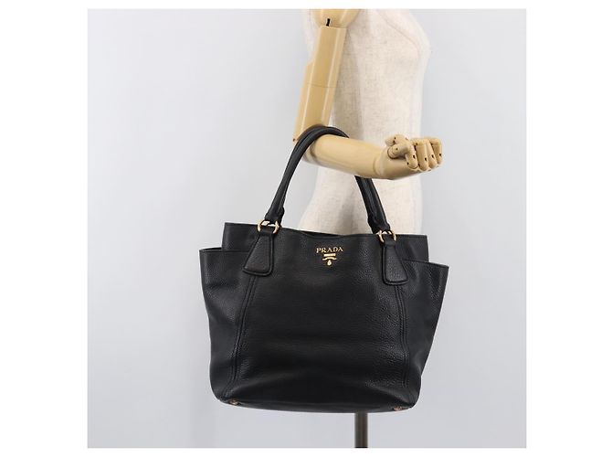 PRADA Vitellolux Hand Bag Leather Black Gold Auth 204100V Golden - view 25