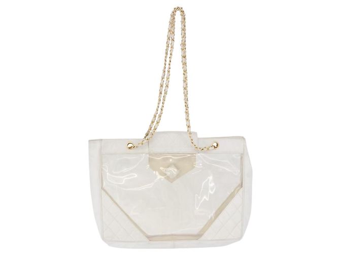 Bolsa de Ombro CHANEL Matelasse com Corrente em Vinil Branco com Detalhes Dourados CC Auth 201328 - vista 2