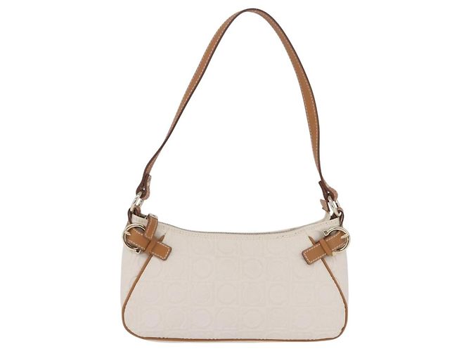 Pouch accessori Salvatore Ferragamo Gancini PVC Canvas White Gold Auth 204147 Bianco D'oro - vista 13