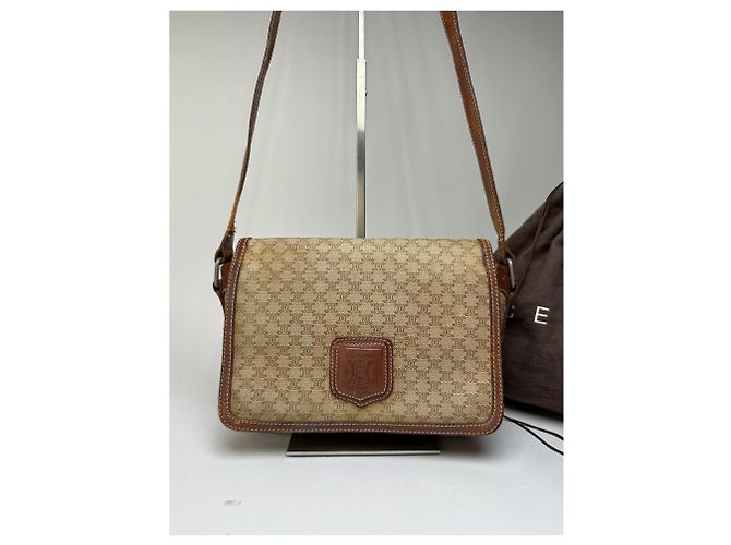16 Céline Vintage Celine Macadam Canvas Umhängetasche mit Klappe Ende der 1980er Beige Brown - Ansicht 14