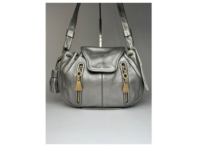 Vintage See by Chloé Crossbody-Tasche mit Klappe aus Narbenleder ca. Mitte der 2000er Silber Metallisch - Ansicht 14