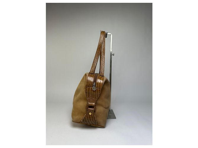 Vintage Fendi Top-Handle Bag aus Leder in Krokodil-Optik Ende der 1970er Jahre Tan Brown Kamel - Ansicht 4