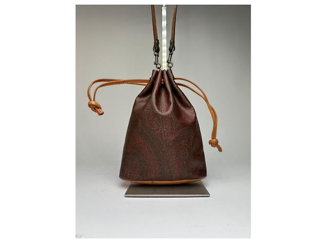 Vintage Etro Paisley Canvas Drawstring Bucket Bag c. 2000 Dark Brown Beige - view 13
