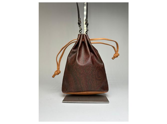 Vintage Etro Paisley Canvas Drawstring Bucket Bag c. 2000 Dark Brown Beige - view 2