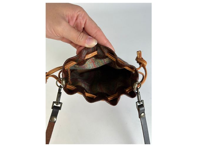 Vintage Etro Paisley Canvas Drawstring Bucket Bag c. 2000 Dark Brown Beige - view 3