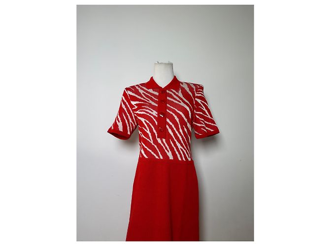 Vintage Yves Saint Laurent Strickkleid Zebra Ende der 1990er Jahre rot weiß M - Ansicht 14