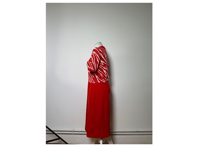 Vintage Yves Saint Laurent Strickkleid Zebra Ende der 1990er Jahre rot weiß M - Ansicht 2
