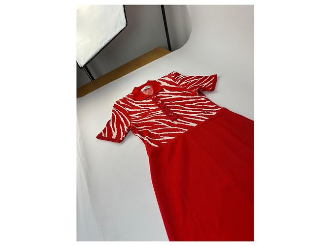 Vintage Yves Saint Laurent Strickkleid Zebra Ende der 1990er Jahre rot weiß M - Ansicht 7