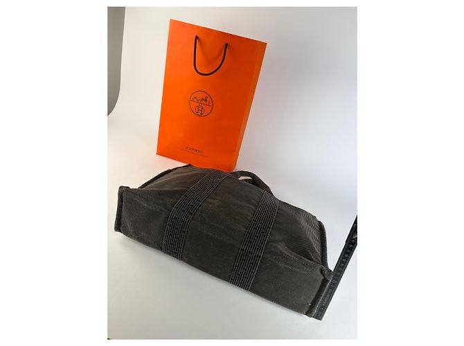 Vintage Hermes Hermès Herline Canvas Tote Dunkelgrau Schwarz - Ansicht 13
