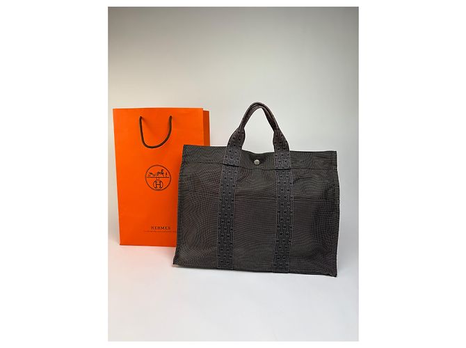 Vintage Hermes Hermès Herline Canvas Tote Dunkelgrau Schwarz - Ansicht 14
