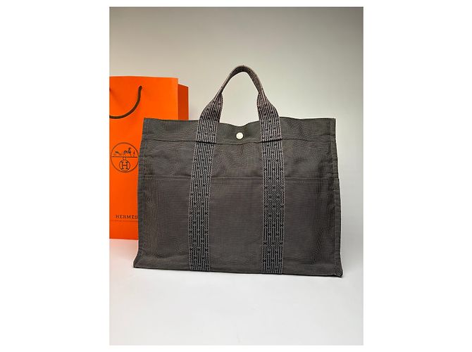 Vintage Hermes Hermès Herline Canvas Tote Dunkelgrau Schwarz - Ansicht 15