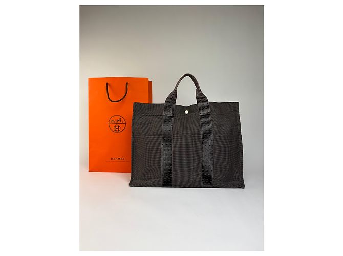 Vintage Hermes Hermès Herline Canvas Tote Dunkelgrau Schwarz - Ansicht 2