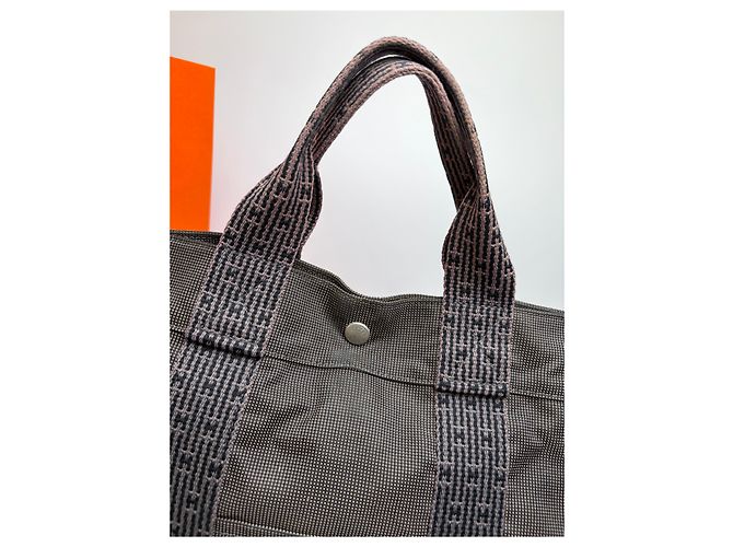 Vintage Hermes Hermès Herline Canvas Tote Dunkelgrau Schwarz - Ansicht 7