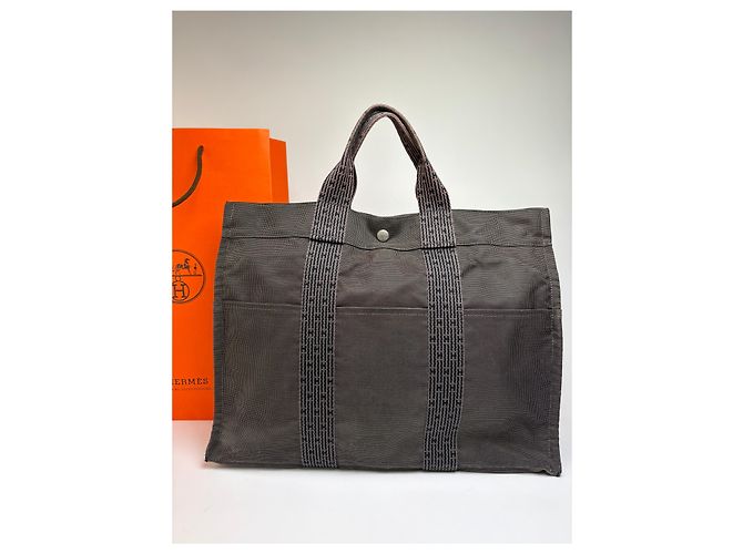 Vintage Hermes Hermès Herline Canvas Tote Dunkelgrau Schwarz - Ansicht 9
