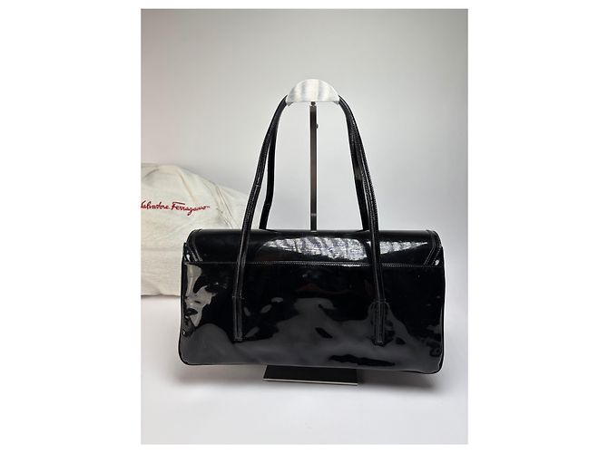 Gancini Salvatore Ferragamo Vintage Ferragamo Patent Structured Top-Handle Bag Late 1990s Black - view 12