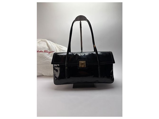 Gancini Salvatore Ferragamo Vintage Ferragamo Patent Structured Top-Handle Bag Late 1990s Black - view 6
