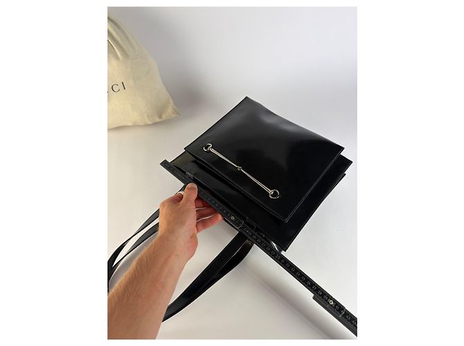 Vintage Gucci Lackleder Tote Ende 1990er Schwarz Silber - Ansicht 10
