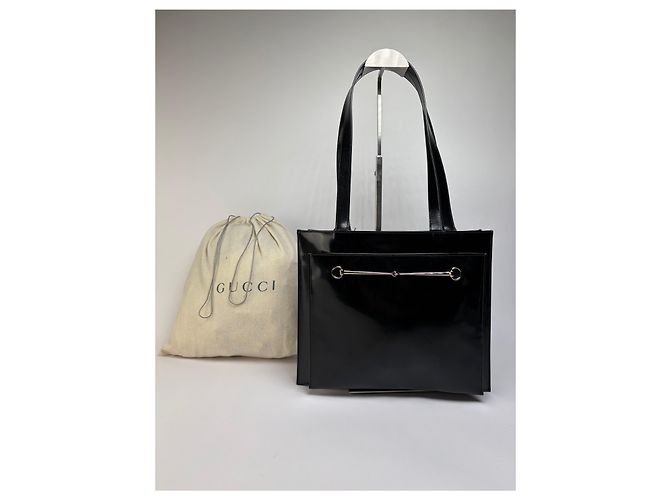 Vintage Gucci Lackleder Tote Ende 1990er Schwarz Silber - Ansicht 13