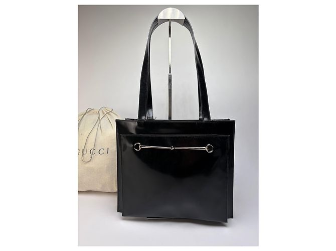 Vintage Gucci Lackleder Tote Ende 1990er Schwarz Silber - Ansicht 7