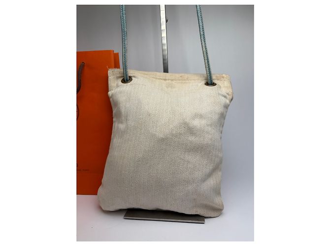 Trim Pouch con coulisse Vintage Hermes Hermès in cotone Herringbone Beige Blue - vista 11