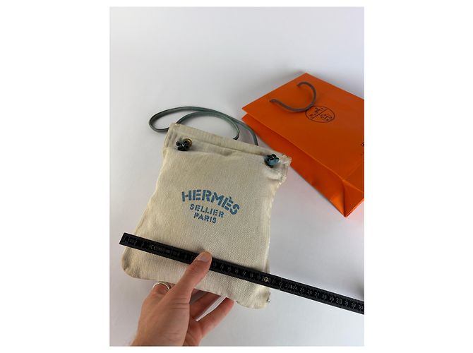 Trim Pouch con coulisse Vintage Hermes Hermès in cotone Herringbone Beige Blue - vista 13