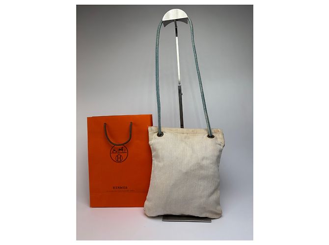 Trim Pouch con coulisse Vintage Hermes Hermès in cotone Herringbone Beige Blue - vista 2