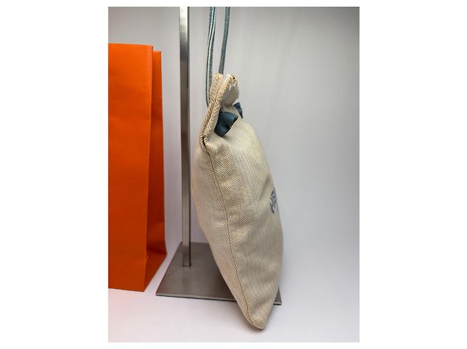 Trim Pouch con coulisse Vintage Hermes Hermès in cotone Herringbone Beige Blue - vista 8