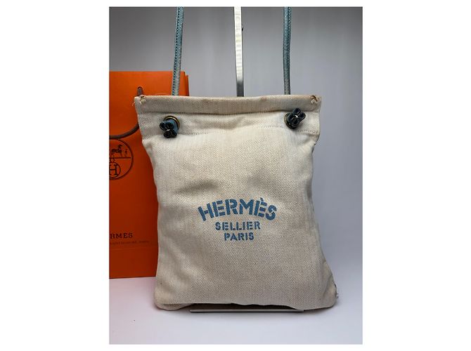 Trim Pouch con coulisse Vintage Hermes Hermès in cotone Herringbone Beige Blue - vista 9