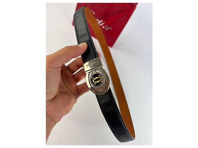 Vintage Cartier Ledergürtel Double C Schnalle Ende der 1980er Jahre Schwarz Gold - Ansicht 2