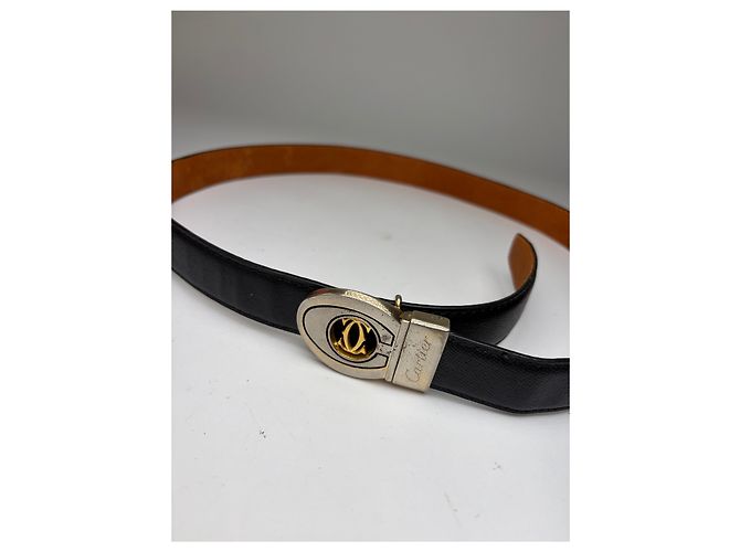 Vintage Cartier Ledergürtel Double C Schnalle Ende der 1980er Jahre Schwarz Gold - Ansicht 4