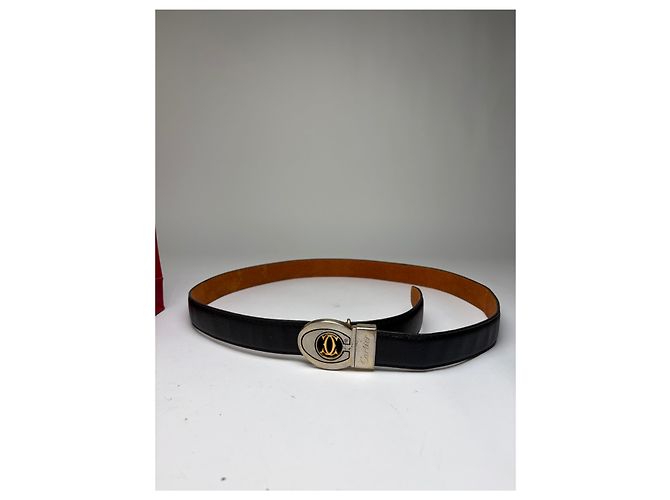 Vintage Cartier Ledergürtel Double C Schnalle Ende der 1980er Jahre Schwarz Gold - Ansicht 6