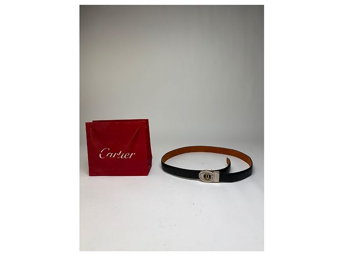 Vintage Cartier Ledergürtel Double C Schnalle Ende der 1980er Jahre Schwarz Gold - Ansicht 9