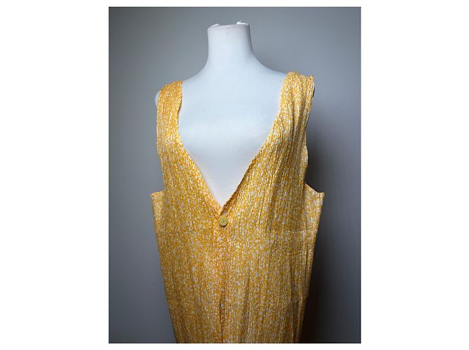 Vintage Issey Miyake Plisseertes Maxi Kleid Gelb Weiß M - Ansicht 13