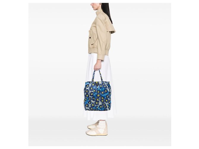 Prada Tessuto Stampato Floral Tote Blau - Ansicht 6