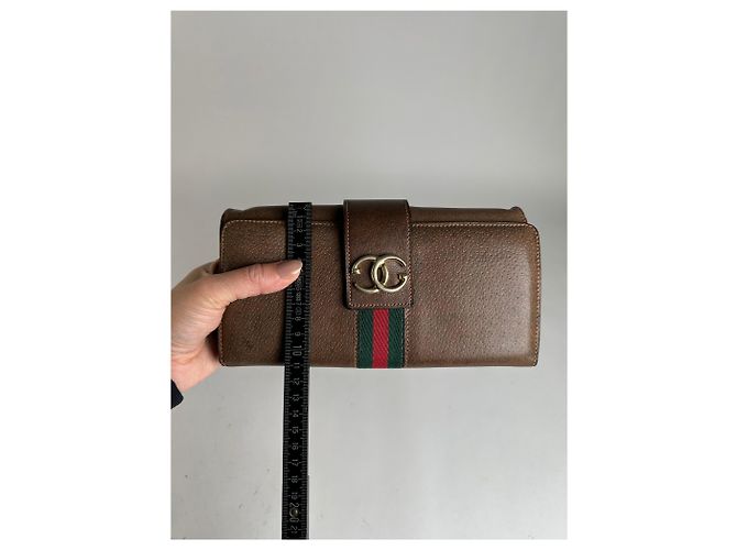 Vintage Gucci Bifold Wallet Brown Green Red Stripe - view 10