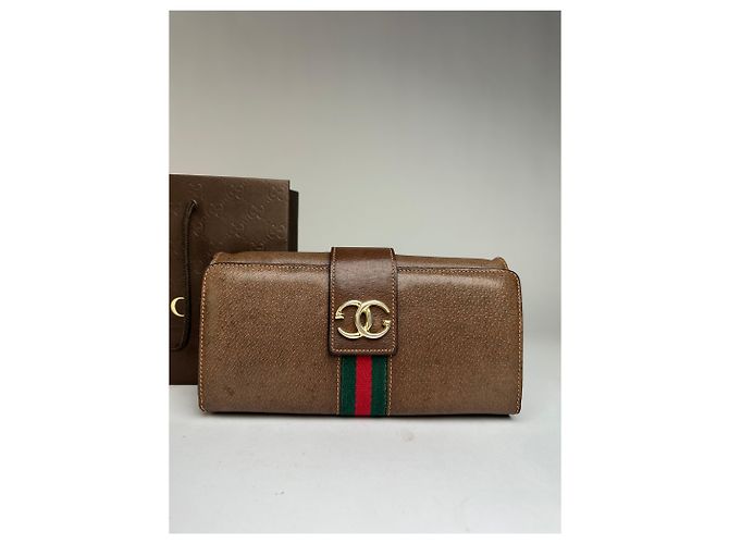 Vintage Gucci Bifold Wallet Brown Green Red Stripe - view 13