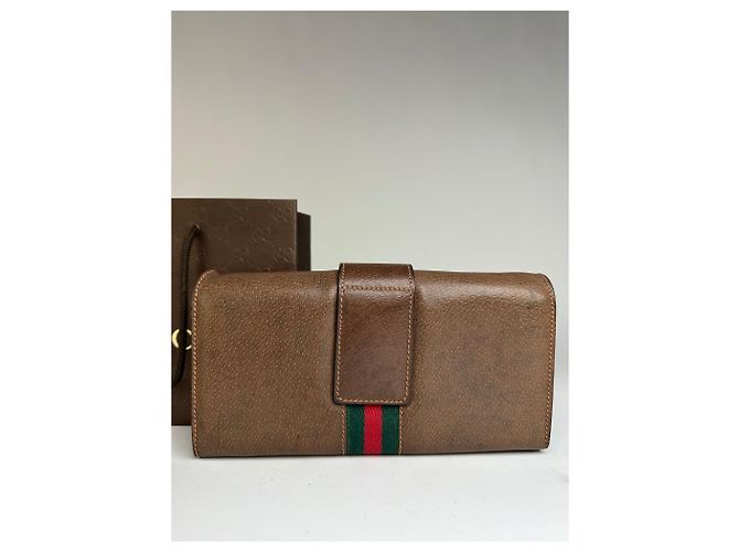 Vintage Gucci Bifold Wallet Brown Green Red Stripe - view 14