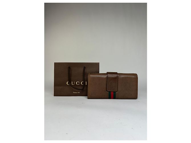 Vintage Gucci Bifold Wallet Brown Green Red Stripe - view 2