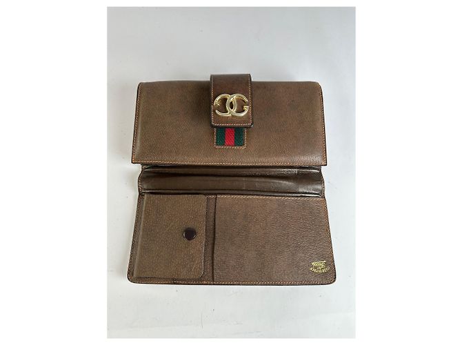 Vintage Gucci Bifold Wallet Brown Green Red Stripe - view 3