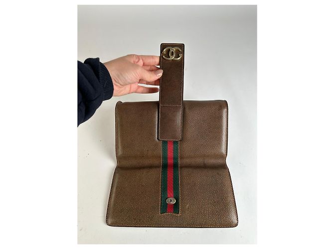 Vintage Gucci Bifold Wallet Brown Green Red Stripe - view 8