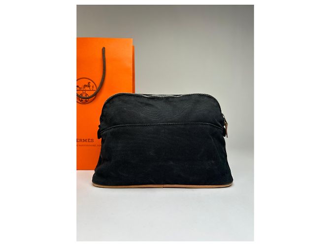 Trim Hermès Vintage Hermes Canvas Kosmetiktasche Black Tan Beige - Ansicht 14