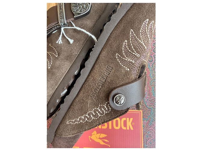 Birkenstock x Etro Zoccoli in camoscio marrone ricamati - vista 2