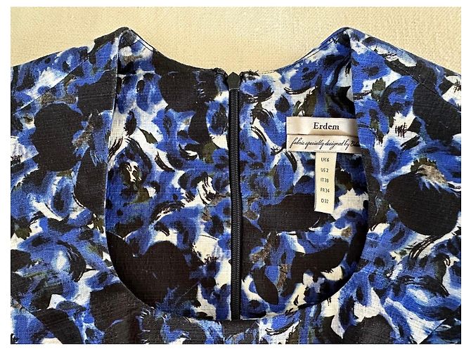 Erdem Vestido Midi Estampado Floral Negro Blanco Azul - vista 2