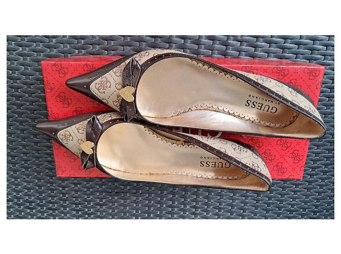 Guess Monogram Canvas & Brown Leather Ballet Flats Beige - view 4