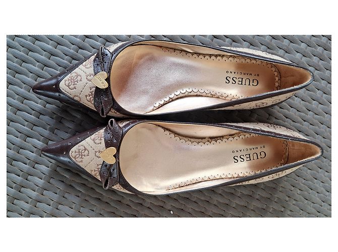 Guess Monogram Canvas & Brown Leather Ballet Flats Beige - view 6