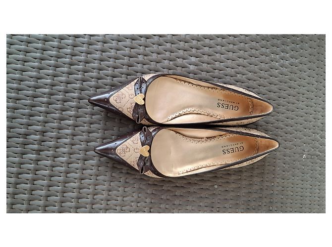 Guess Monogram Canvas & Brown Leather Ballet Flats Beige - view 8