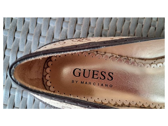 Guess Monogram Canvas & Brown Leather Ballet Flats Beige - view 9