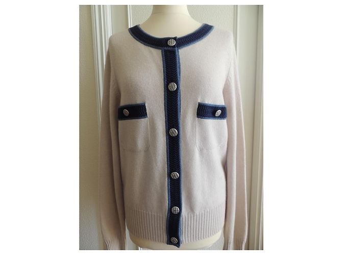 Chanel Langer Kaschmir-Cardigan beige und jeansblau Größe 40 - Ansicht 2