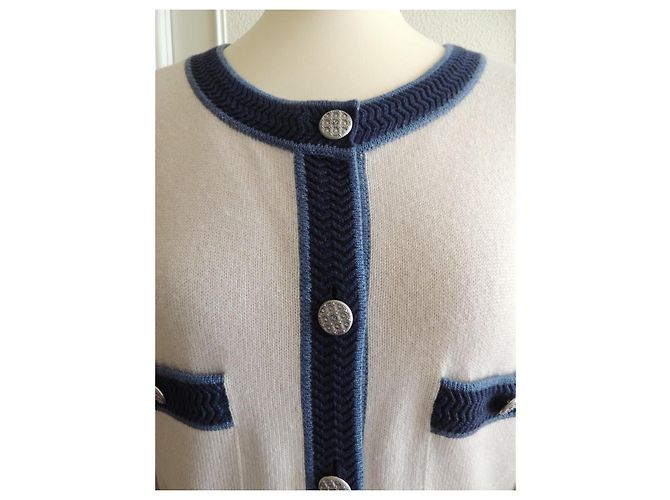 Chanel Langer Kaschmir-Cardigan beige und jeansblau Größe 40 - Ansicht 3